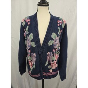 Vintage Forenza Floral Knit Cardigan Sweater Navy Blue Ramie Cotton Women Medium